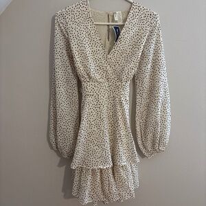 Japna V Neck Balloon Sleeve Breas Tan Brown Dots